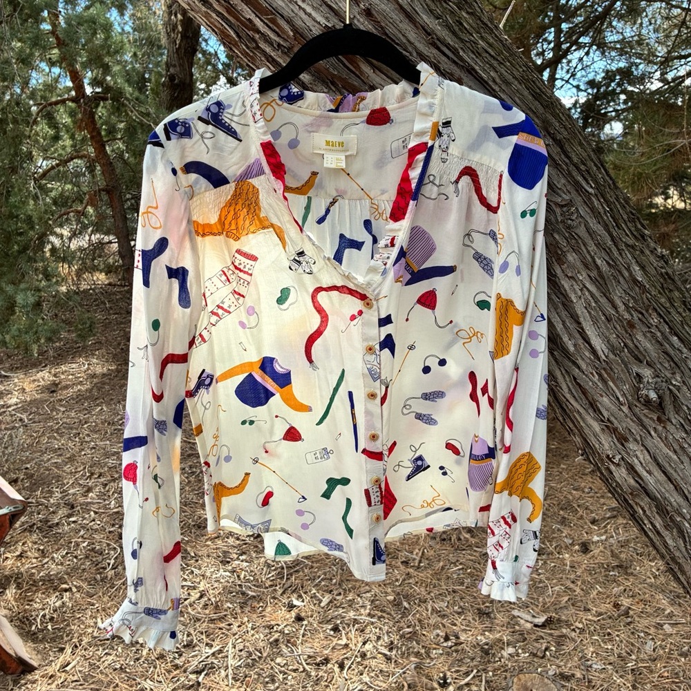 Maeve Anthropologie Multicolor Ski Print‎ Blouse - Picture 2 of 12